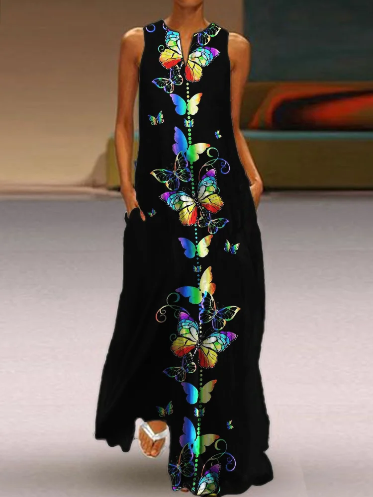 Rainbow Butterflies Art Notch Neck Flowy Maxi Dress