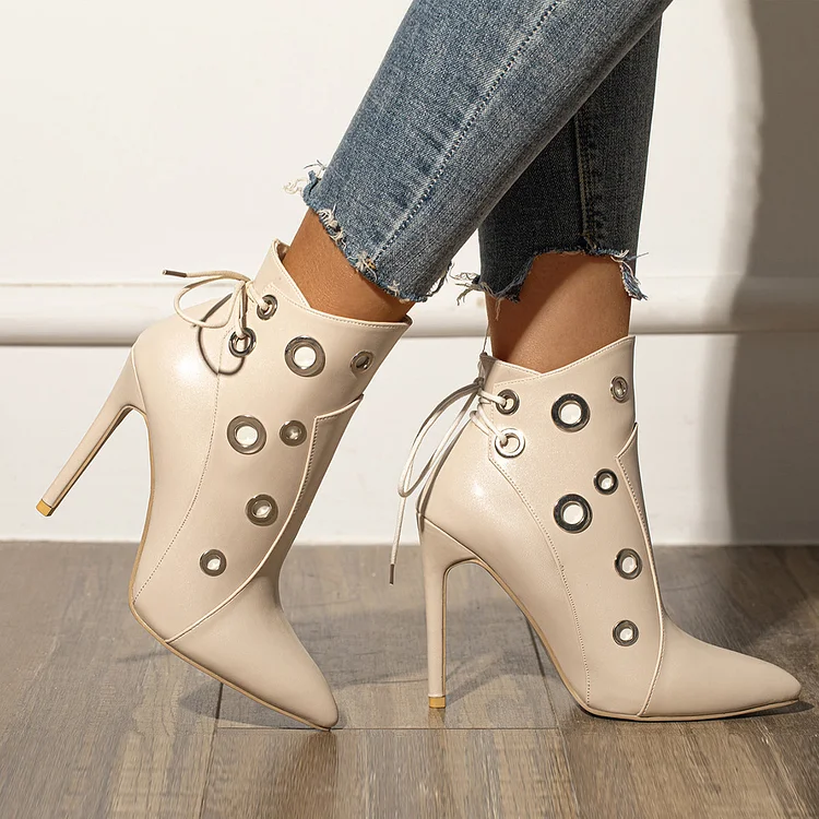Lace Up Stiletto Heel Booties Pointed Toe Ankle Boots
