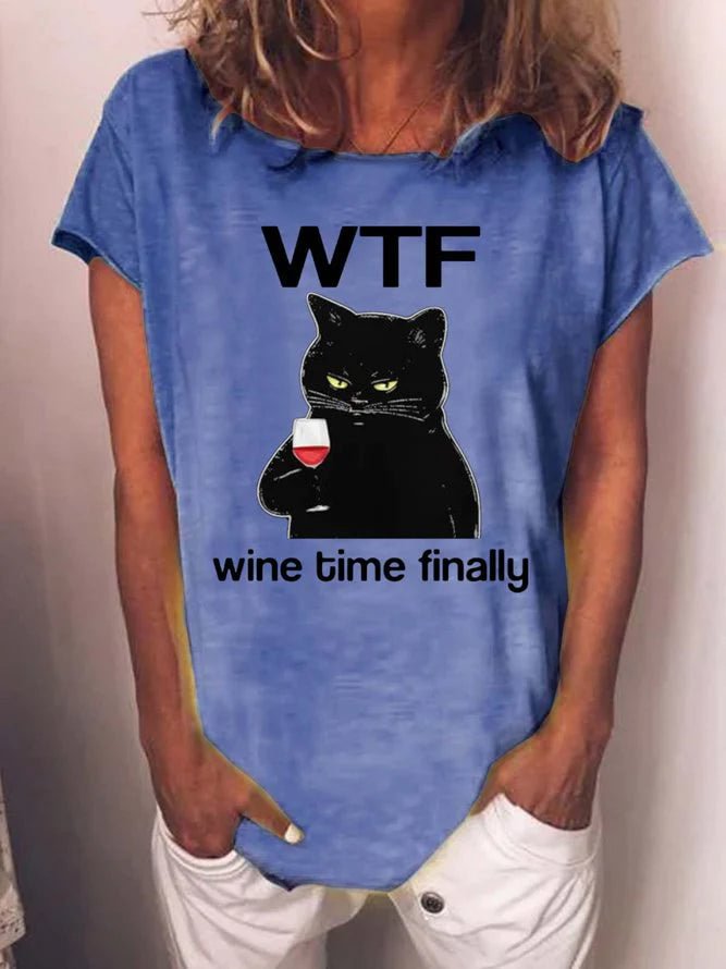 Women's What Time Finally Black Cat And Wine T-shirt