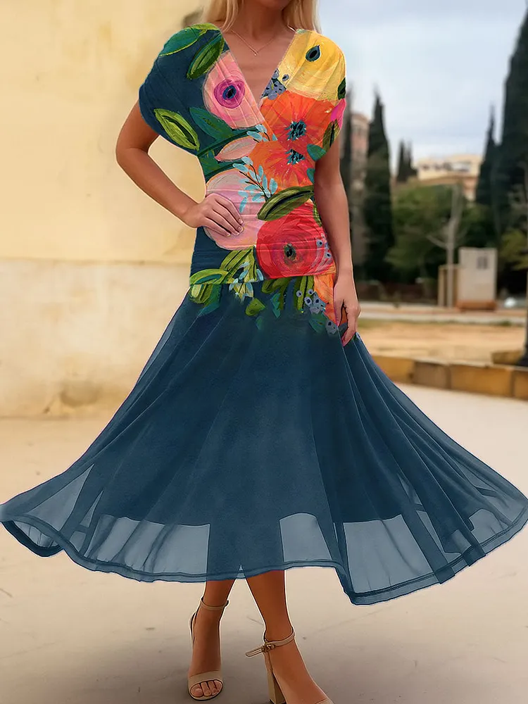 Women's Vintage Flower Art Print Flowy Casual Dress