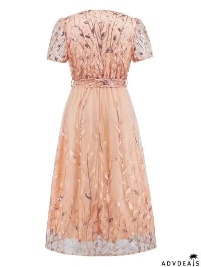 Sequin Leaf Embroidery Tie Front Short Sleeve Dress