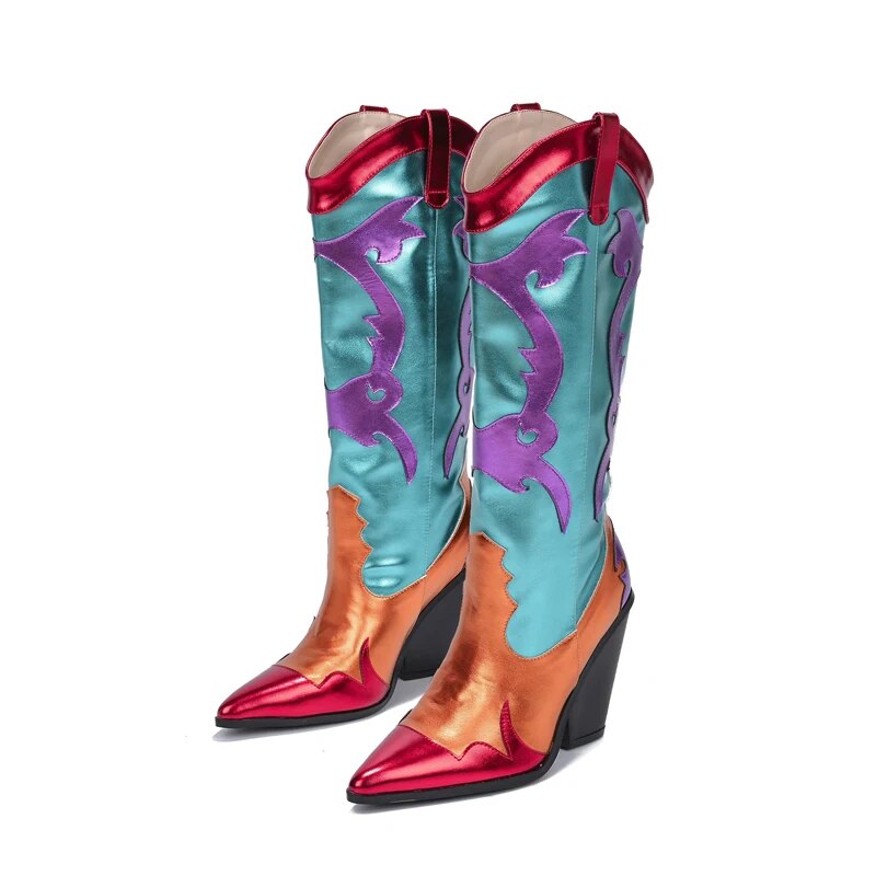 Woman Patchwork Boots Metallic Patent Leather Shiny Western Cowboy Boots Pointed Toe Wedges Shoes