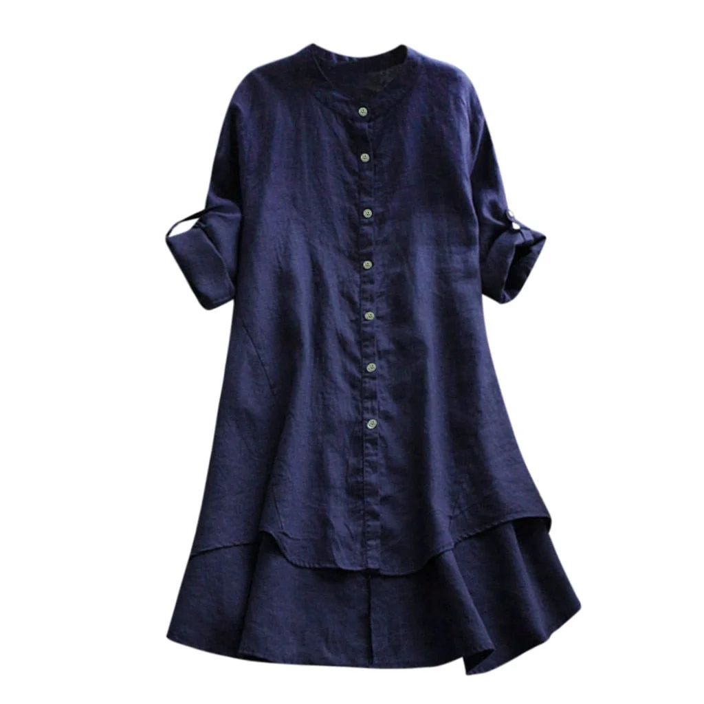 Women Summer Dress Loose Dress Linen Solid Button Long Sleeve V Neck Casual Button Beach Dresses Ladies Party Dresses Vestidos