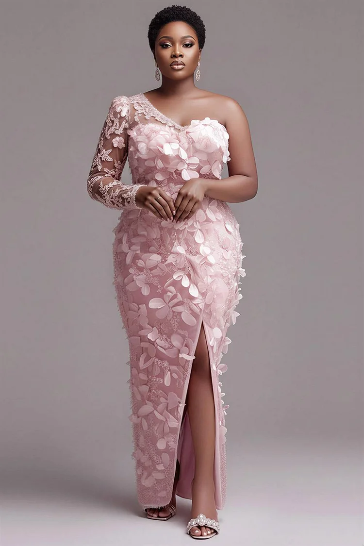 Xpluswear Design Plus Size Formal Pink One Shoulder Long Sleeve 3D Split Maxi Dresses [Pre-Order] 2024 - Xpluswear