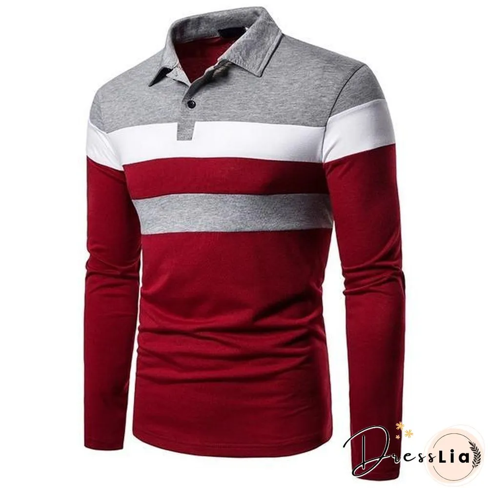 Fashion Men Lapel Long Sleeve Tri-color Striped Stitching Shirts