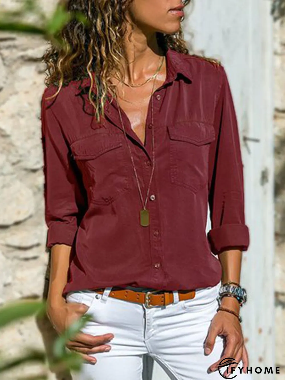 Women Fashion Turn Down Collar Solid  V Neck Long Sleeve Blouse | IFYHOME