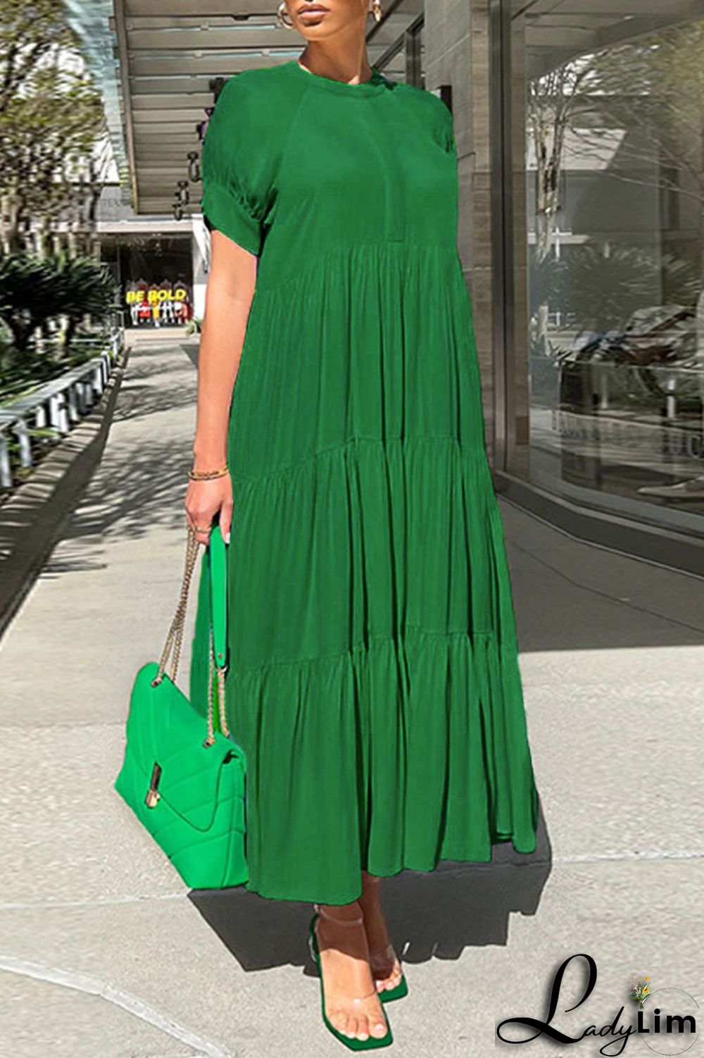 Black Casual Solid Patchwork Fold O Neck A Line Dresses