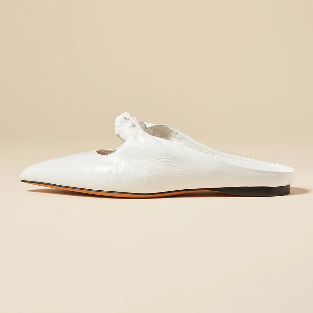 White Crinkled Vegan Leather Pointed Toe Flat Mules with Knot Topped Nicepairs