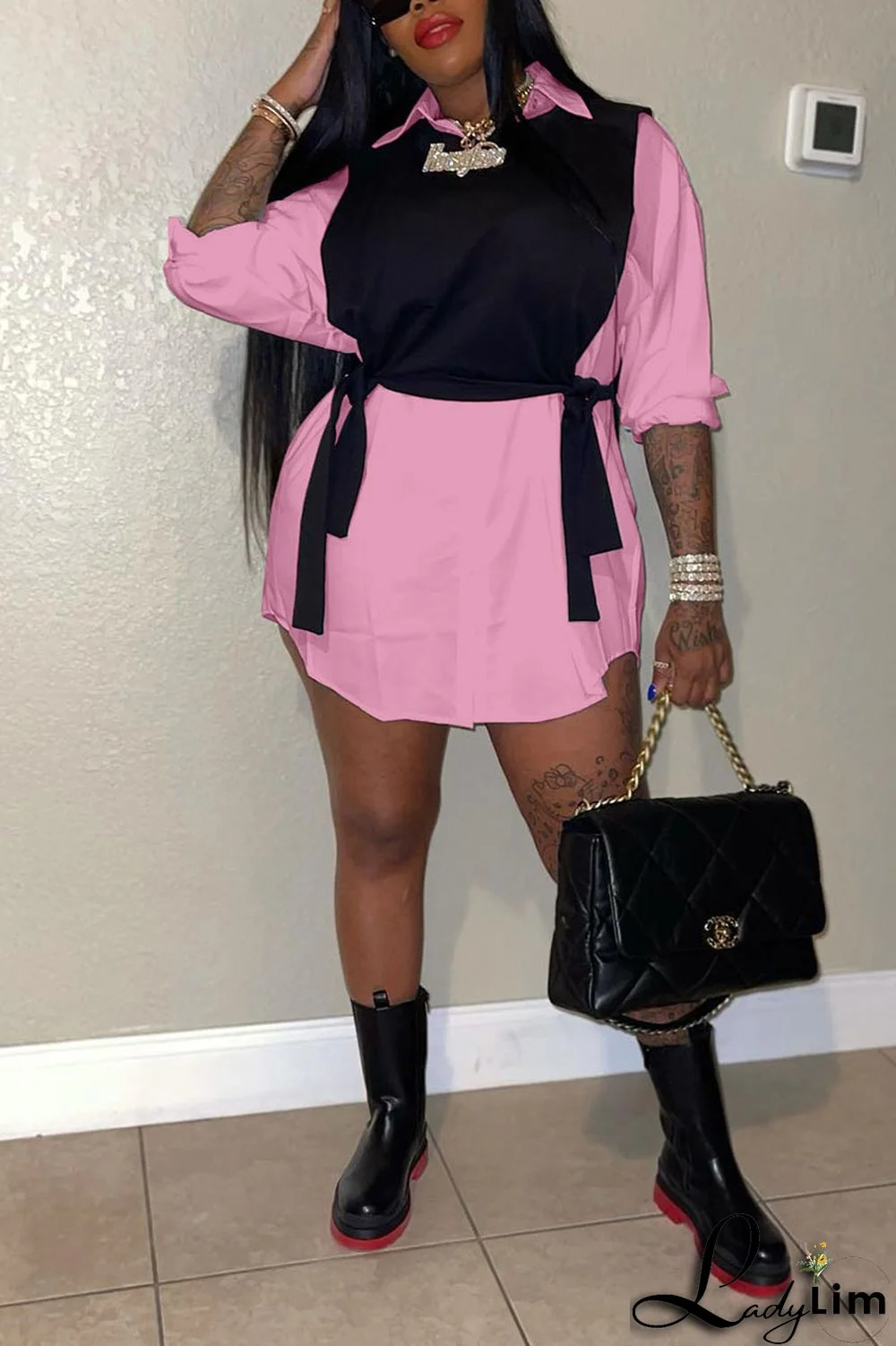 Light Blue Casual Simplicity Solid Patchwork Buckle Turndown Collar Long Sleeve Two Pieces