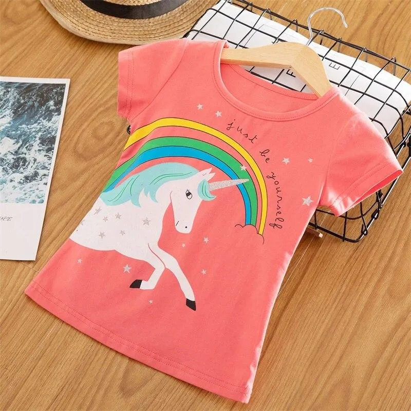 Girls T-shirts Short Sleeve Flamingo Unicorn Print Tops for Baby Girl Summer Clothes Sequins Tshirt 3-8Yrs Kids Tees for Girls