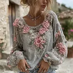 Women's Pink Rose Embroidery Art Round Neck Long Sleeve Linen Blend T-shirt - Image 4