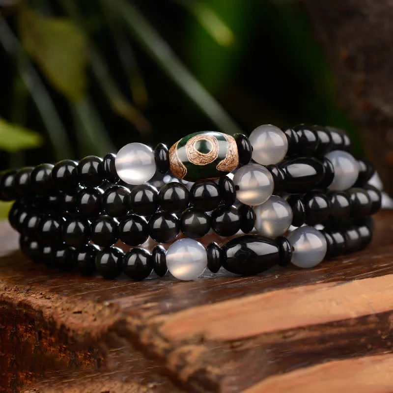 Black Obsidian Dzi Bead Tiger Eye Agate Healing 108 Beads Mala Bracelet