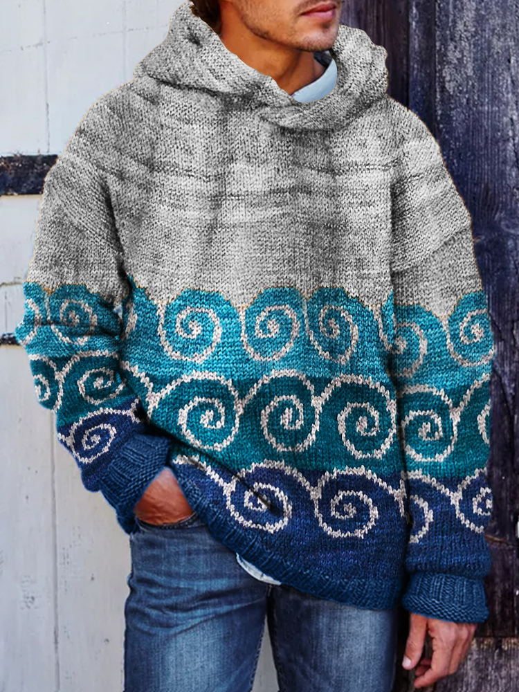Men's Japanese Sea Waves Colorblock Cozy Knit Hooded Sweater