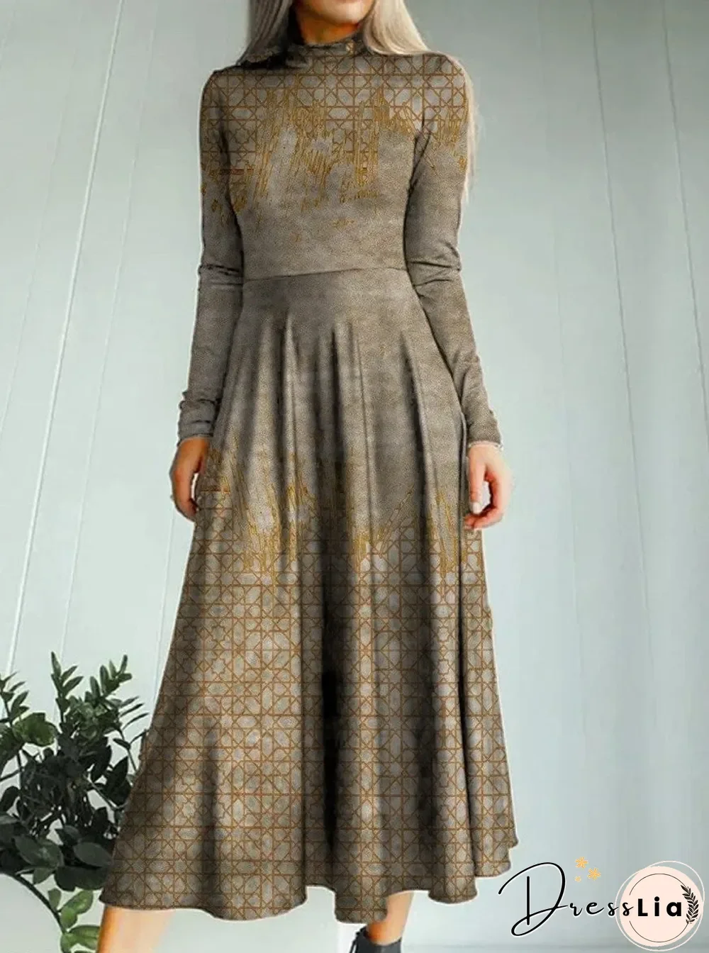 Fashion Check And Art Print Turtleneck Maxi Dress Women