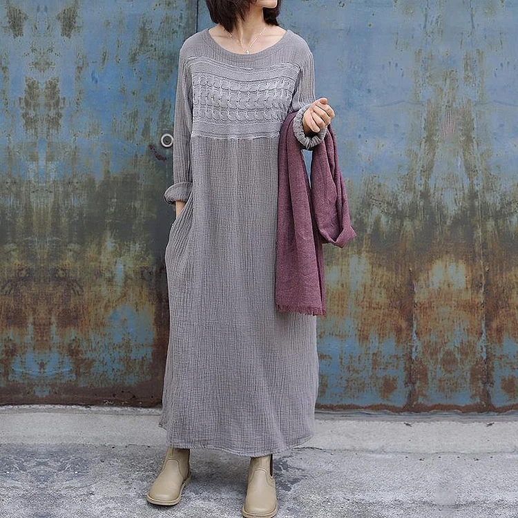 French o neck side open cotton clothes For Women Runway gray Dress
