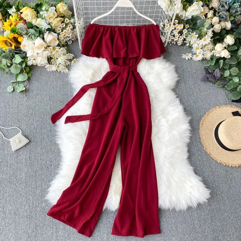 Summer Women's Jumpsuit One-neck Off-shoulder Ruffled Lace-up Jumpsuit with New Waist and Thin High-waist Wide-leg Pants LL017