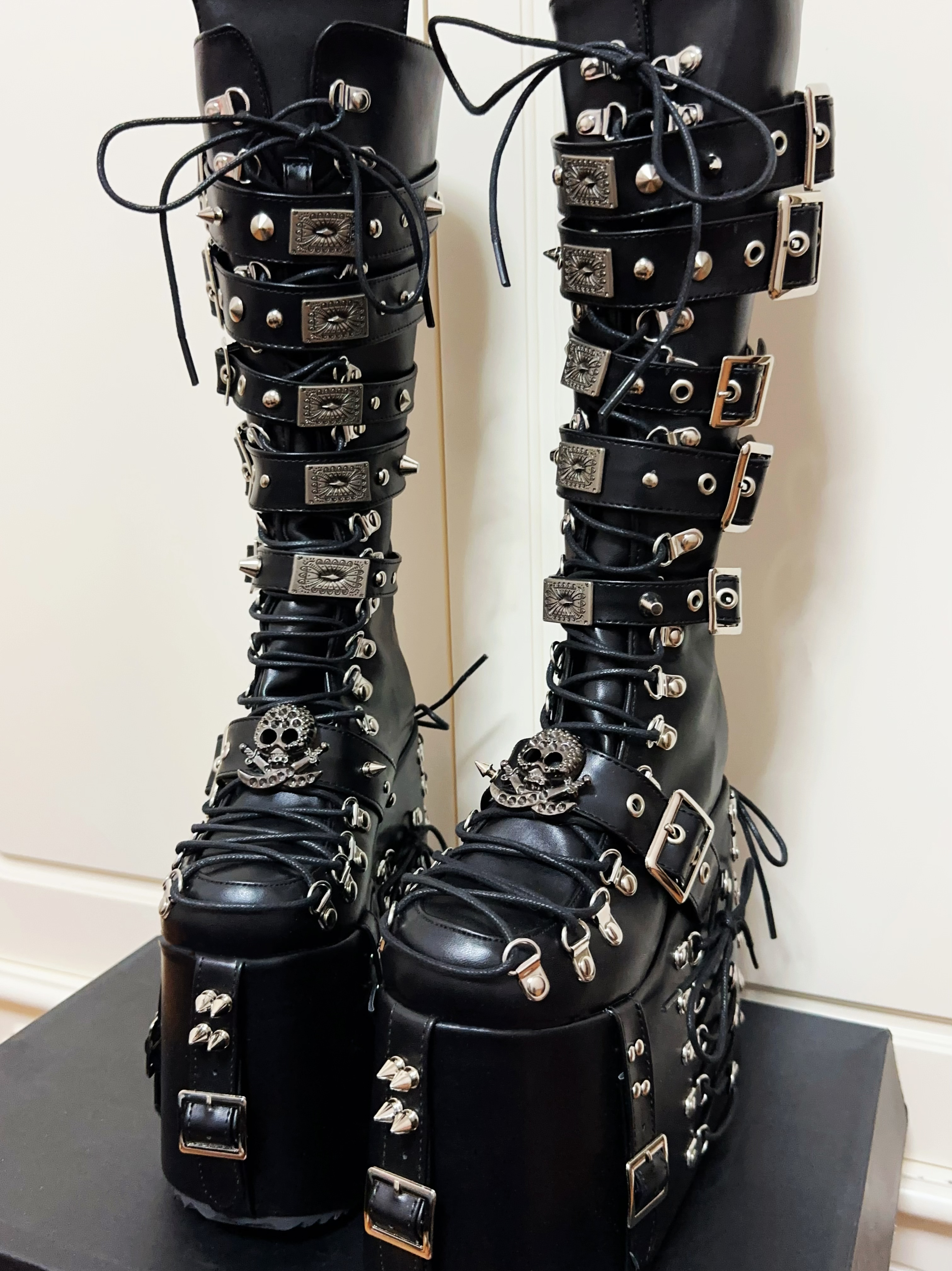 GOOSHOE Motorcycle Boots Super High Thick Heels Pumps Cool Knight Boots Girl Punk Gothic Long Boots Shoes 47