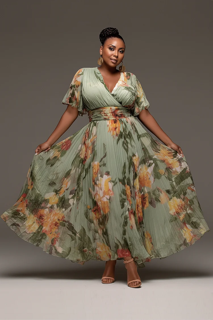 Xpluswear Design Plus Size Mother Of The Bride Sage Green Floral Wrap Neck  Short Sleeve Pleated Chiffon Maxi Dresses - Xpluswear.com