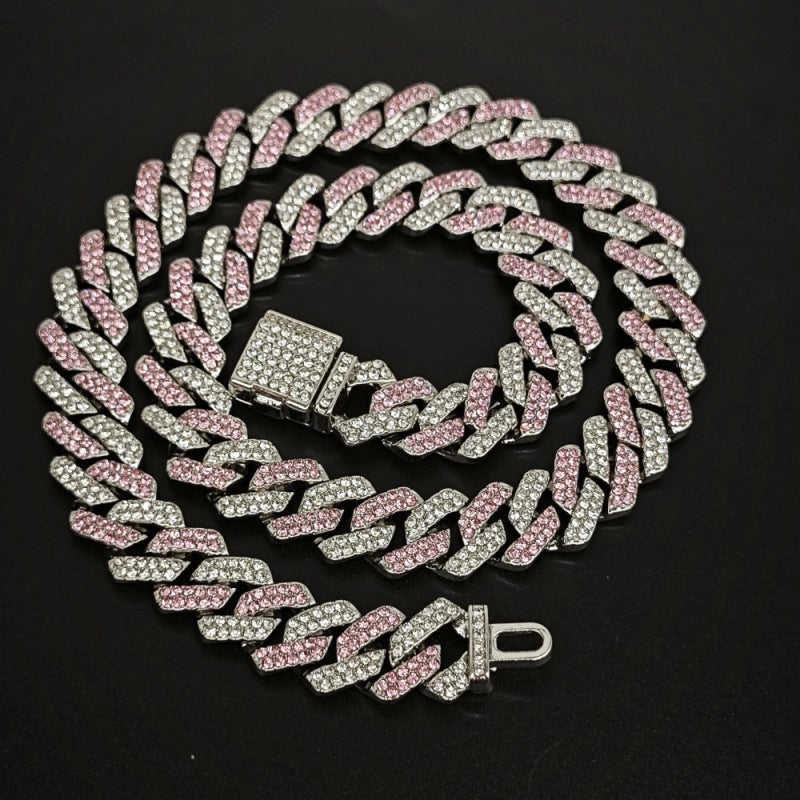 Qianshimei New 14mm Encryption Color Half Blue Half Pink Dragon Beard Buckle Flip Rhombus Cuban Chain Hip Hop Necklace