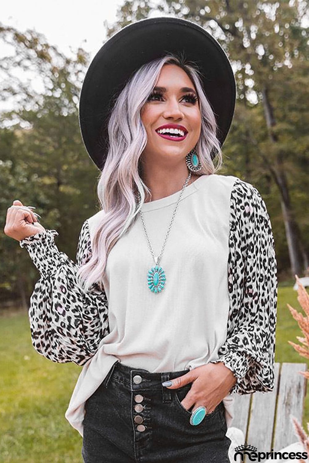 Print Crew Neck Puff Sleeve Top