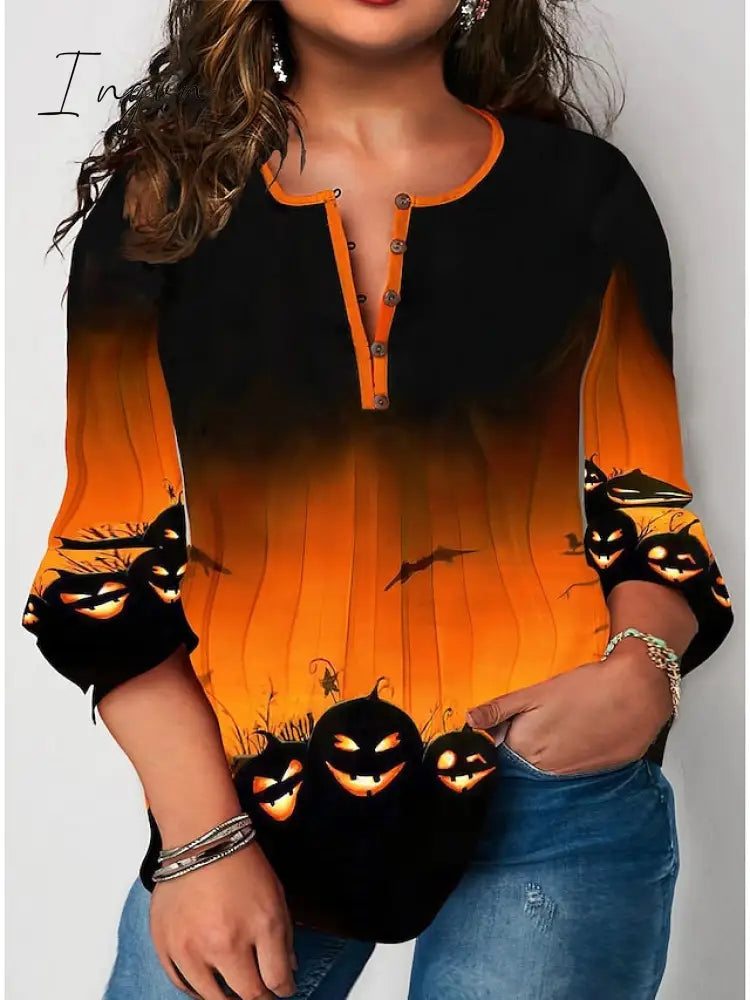 Ingvn - Women’s Shirt Blouse Halloween Yellow Blue Purple Pumpkin Print 3/4 Length Sleeve Daily