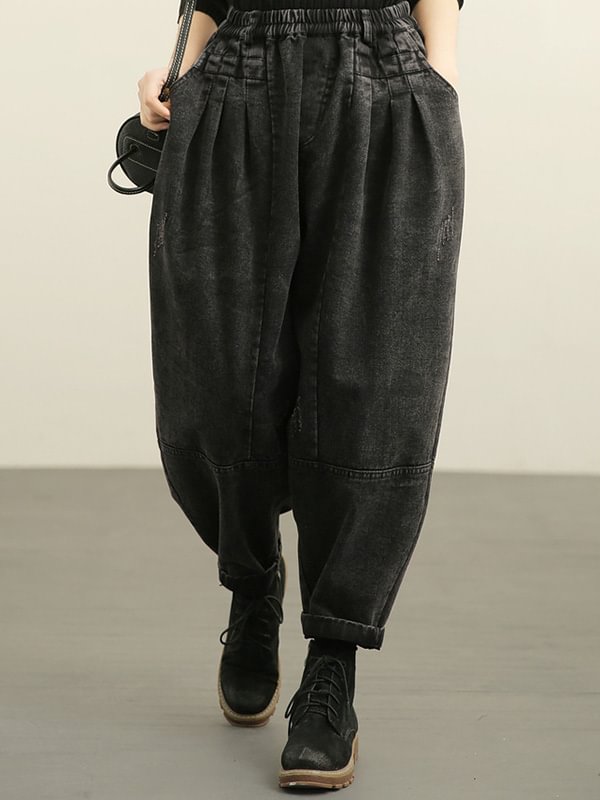 Casual Retro Denim Elastics Pleated Harem Pants