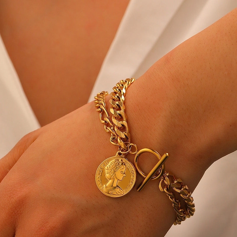 Retro Human Round Letter 304 Stainless Steel Gold Plated Cuban Link Chain Curb Chain Bracelets In Bulk