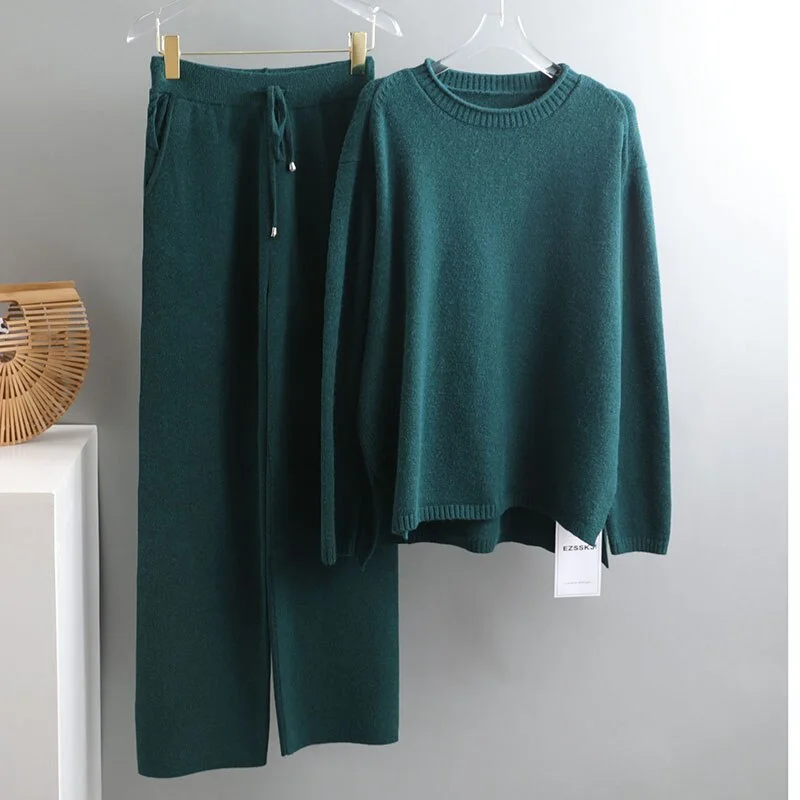 2021 2 Pieces Set Women Knitted Tracksuit O-neck Sweater + Granny pants Sweater Set female Knitted sweater suit Homewear sweater