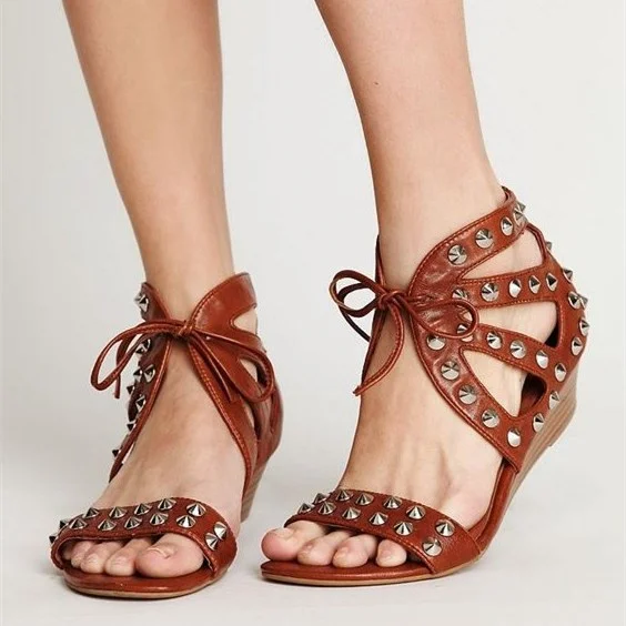 Tan Sandals Open Toe Lace up Rivets Wedges Low Heel Sandals |FSJ Shoes