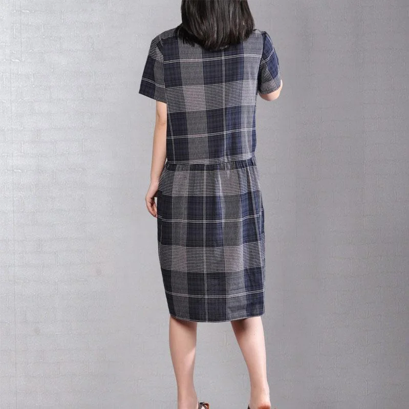 Elegant cotton shift dresses plus size clothing Short Sleeve Casual Plaid Summer Pullover Dress