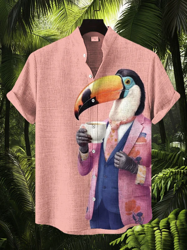 Men's Toucan Drinks Coffee Print Short Sleeve Shirt