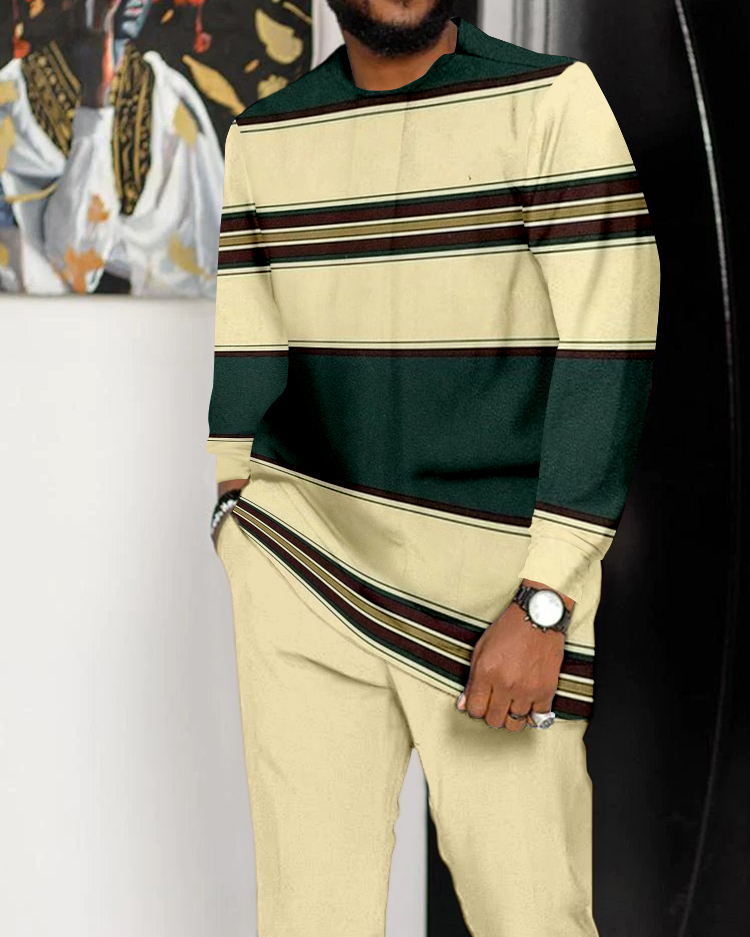 Men's Colorblock Striped Print Long Sleeve Walking Suit - 874