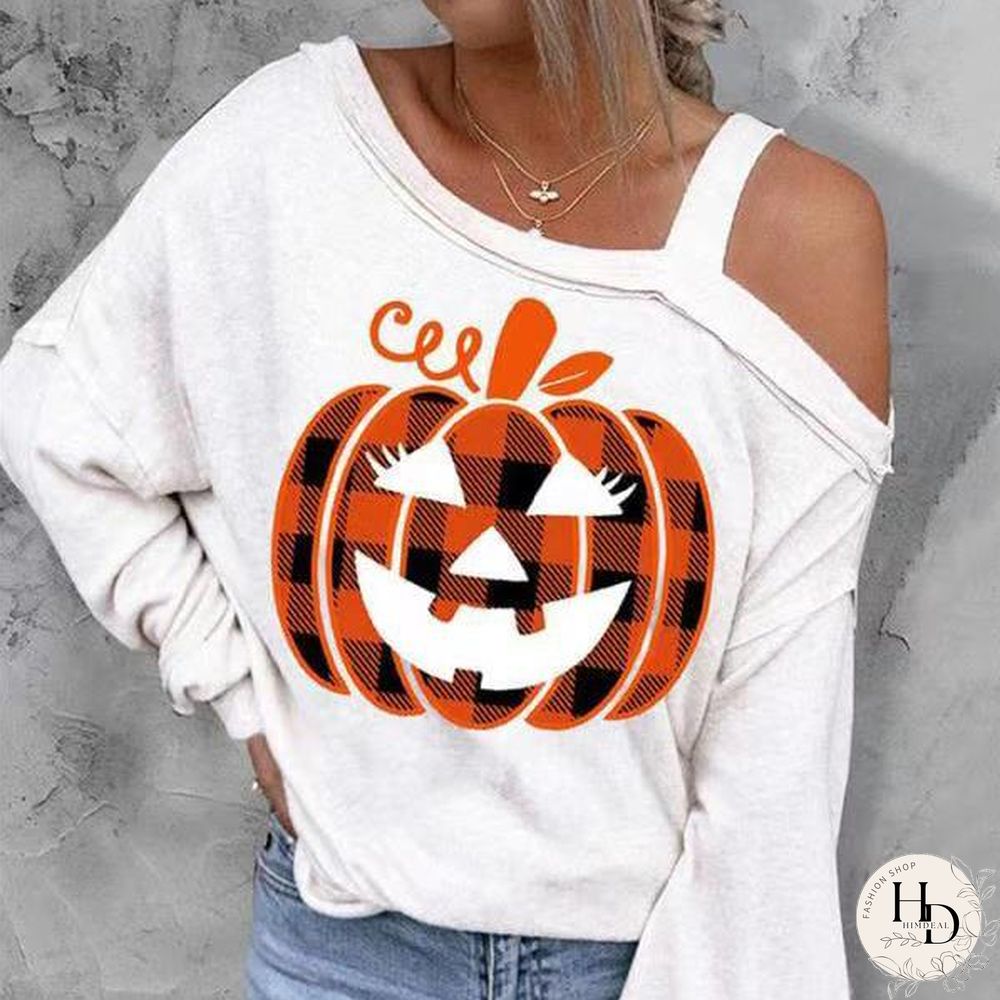 Slant Cold Shoulder Halloween Element Pattern Shirt