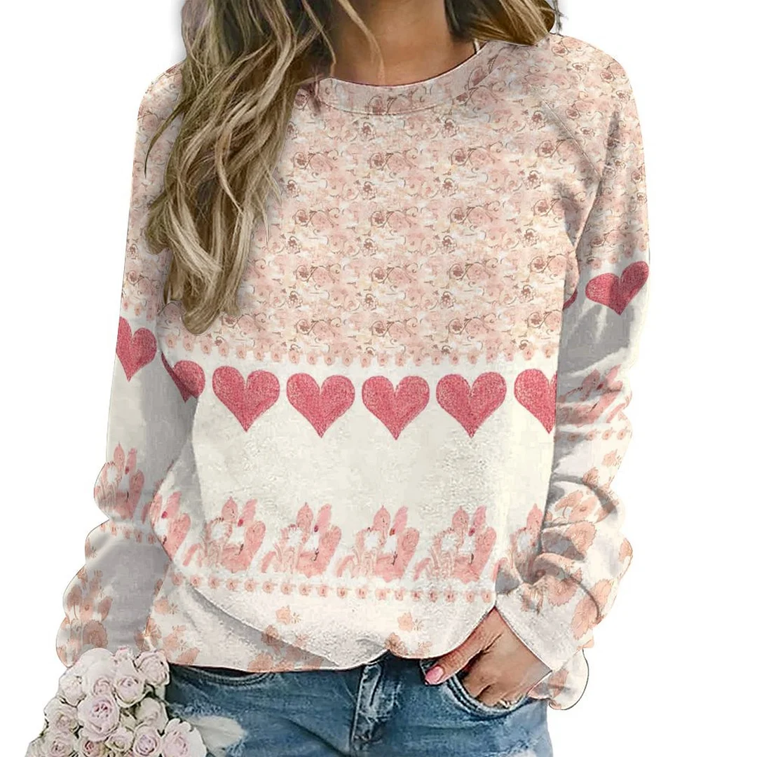 Printed Long Sleeve Casual Sweatshirt for  Women and Men Unisex Pattern Floral, Pink, Heart