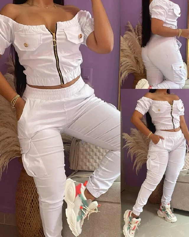 Mongw Mongw Summer Women's White One-Line Shoulder Short Sleeve Bag Jacket Suit Slacks 2 Sets