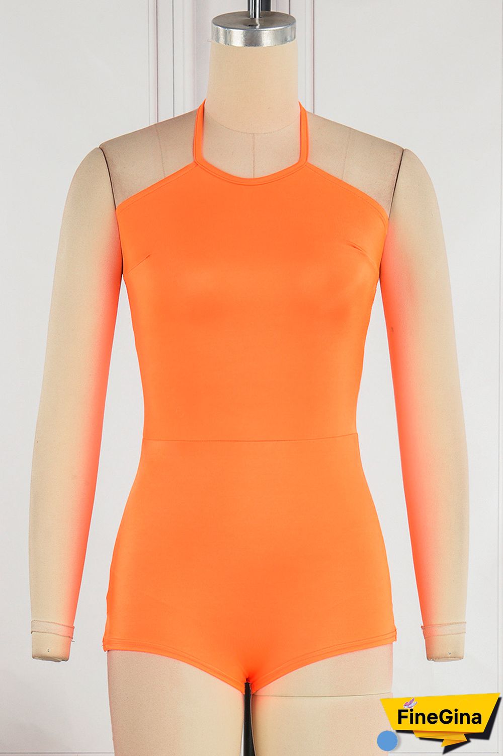 Orange Sexy Solid Backless Spaghetti Strap Skinny Romper