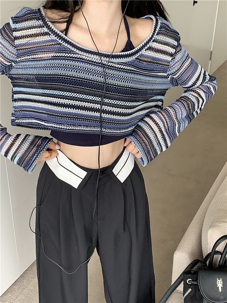 Short Sleeve Crochet Stripe Knit Top