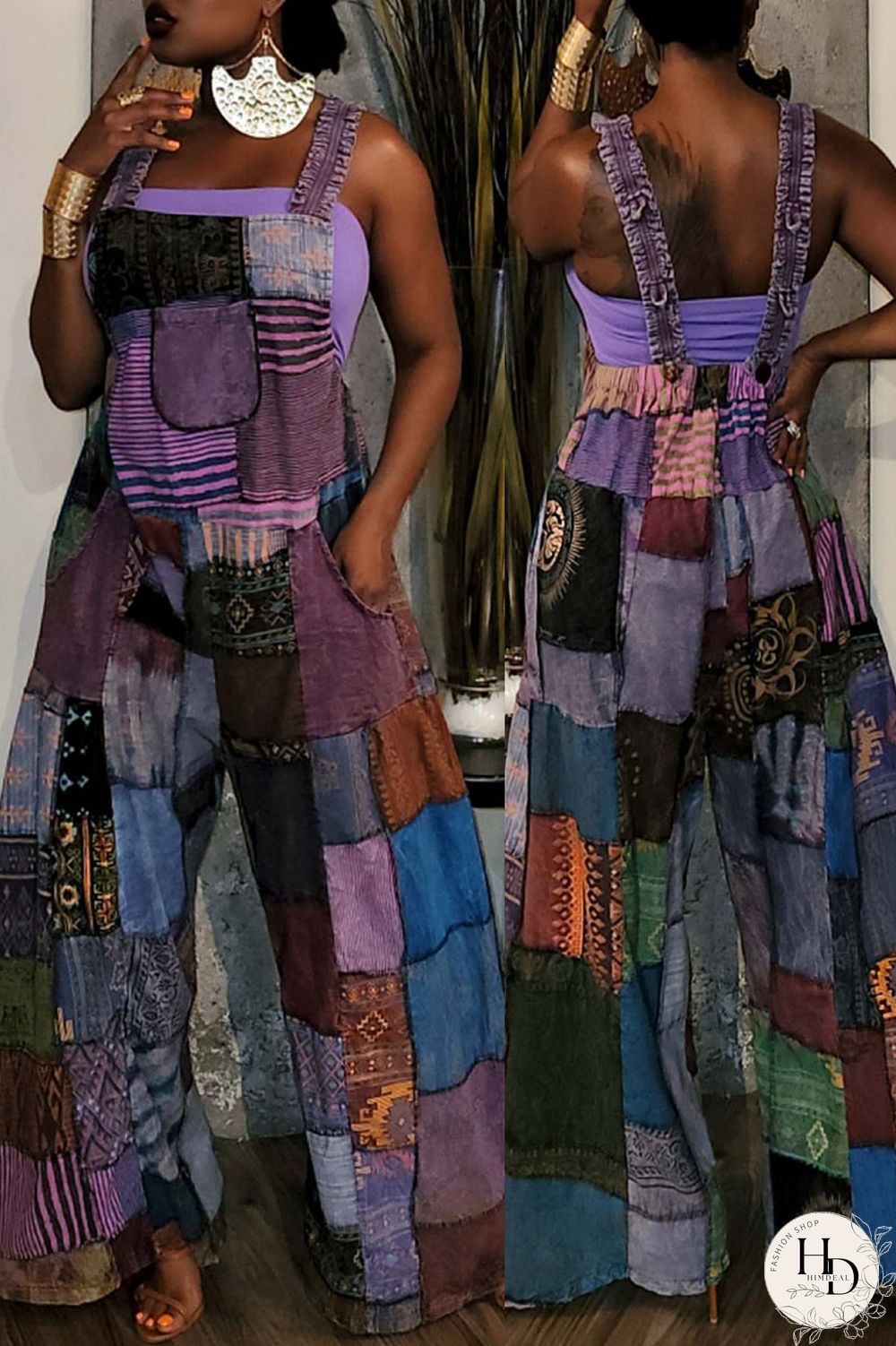 Blue Fashion Casual Street Print Patchwork Spaghetti Strap Loose Jumpsuits