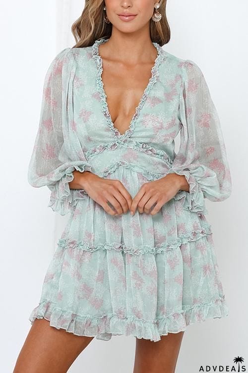 Print V Neck Backless Mini Dress