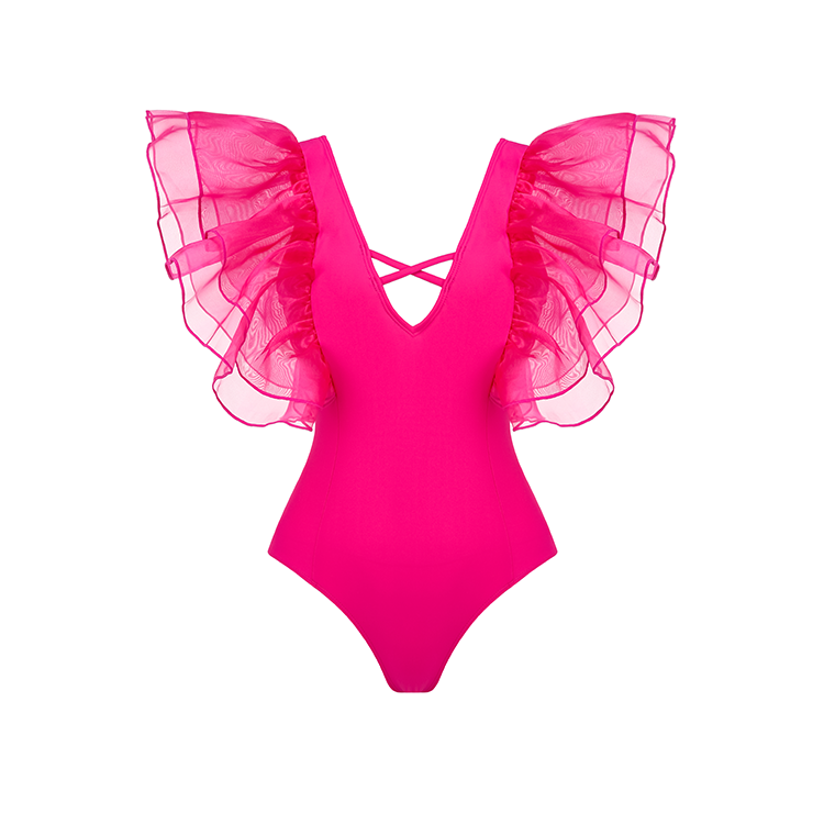 Mesh Ruffle Pink One Piece Swimsuit Flaxmaker