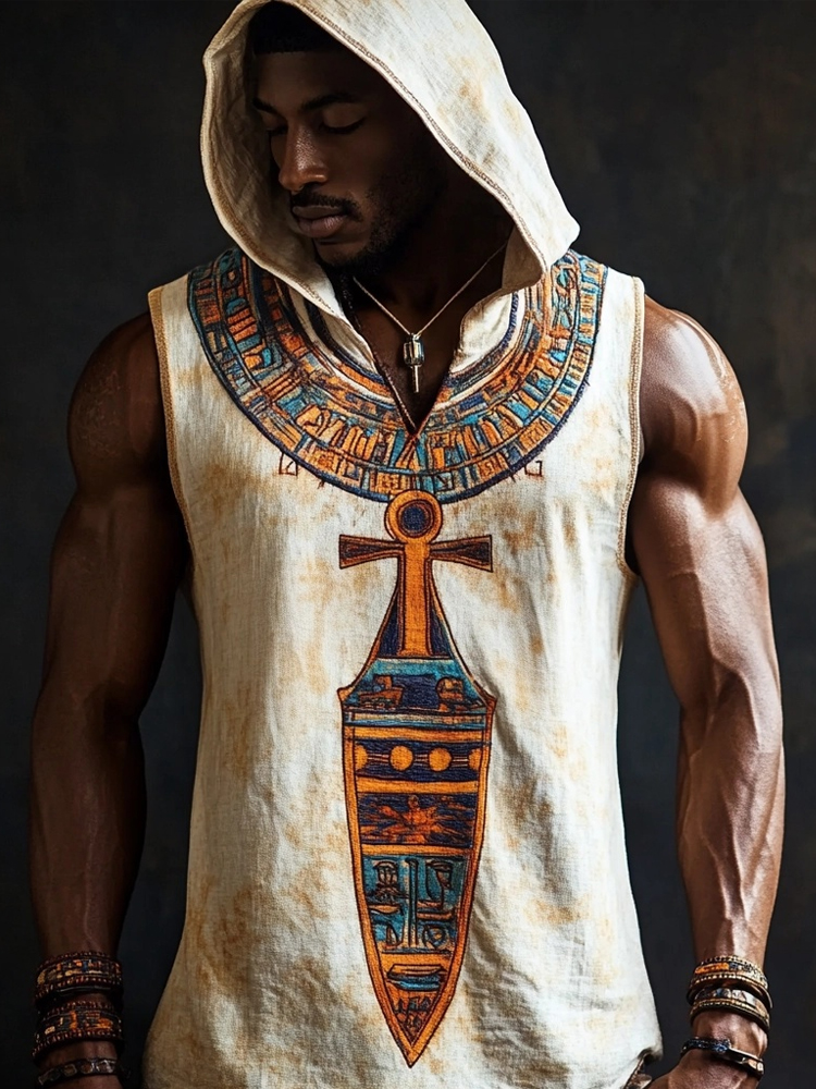 Men's Ancient Egyptian Inspired Hooded Linen Tank Top