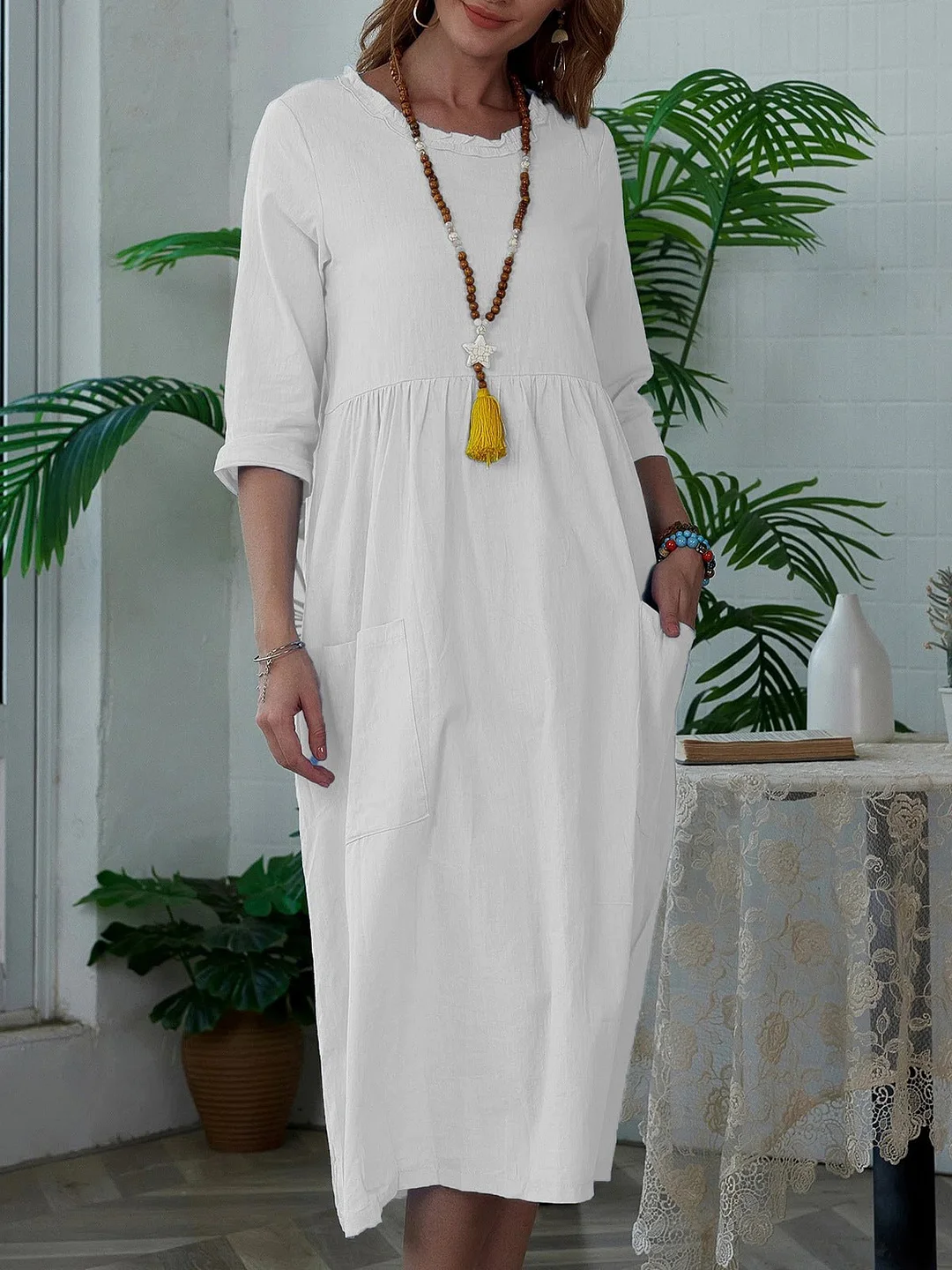 Women's Loose Round Neck 3/4 Sleeve Solid Color Linen Dress