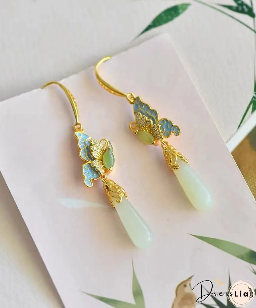 Retro Gold Sterling Silver Overgild Jade Enamel Butterfly Water Drop Drop Earrings