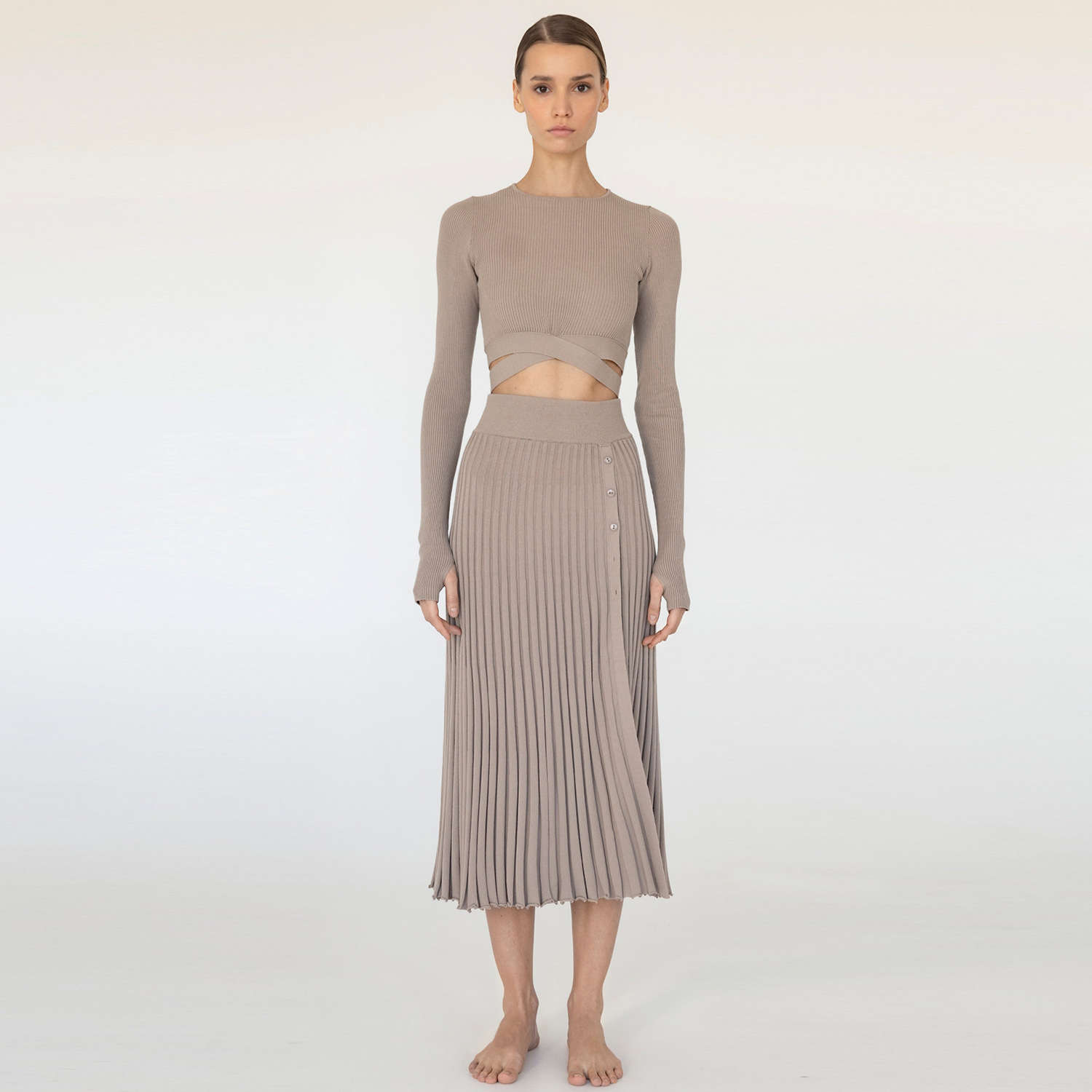 Ootddress New White Knit Two Piece Women Sets Fall Ribbed Crop Top And Pleated Knitted Skirt Suits For Women Midi Dress Sets 2025