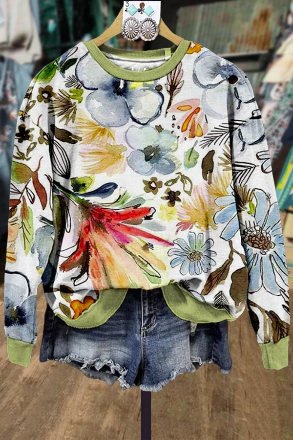 Mixed Floral Print Crew Neck Sweatshirt