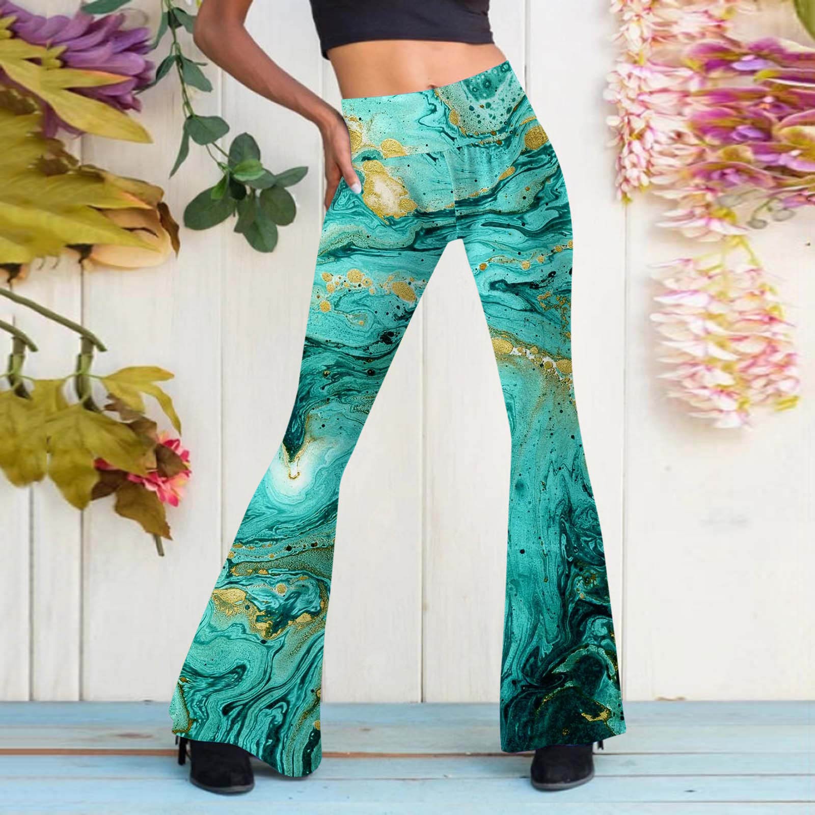 Bonusgud Womens Length Full Casual Pants Comfort Flower Print Flare Leg High Waist Trousers High Stretchy Yoga Pants Pantalones De Mujer