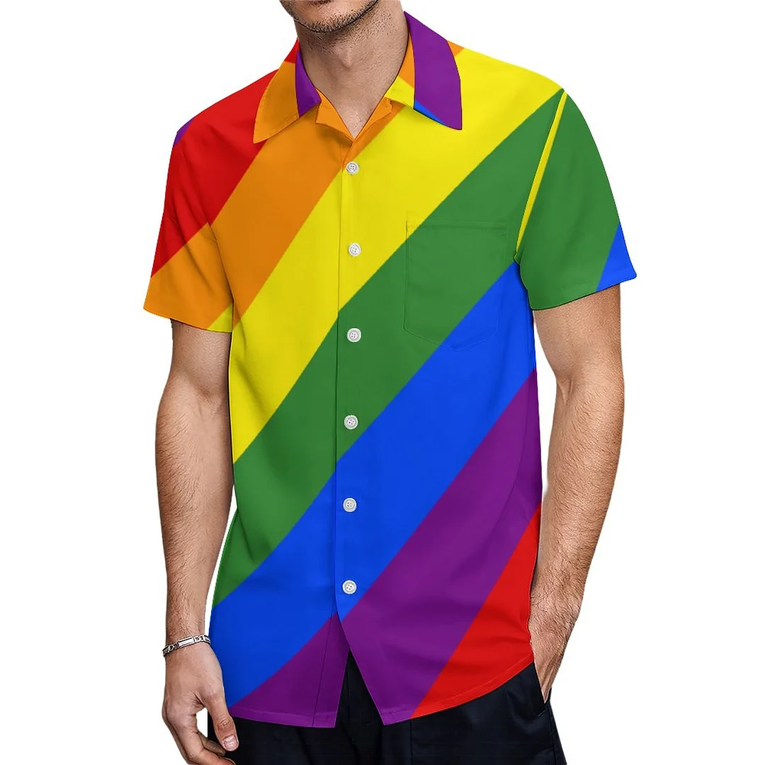 Short Sleeve Diagonal Rainbow Stripe Hawaiian Shirt Mens Button Down Plus Size Tropical Hawaii Beach Shirts
