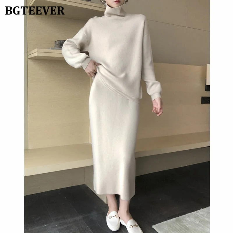 BGTEEVER Autumn Winter Ladies 2 Pieces Sweater Set Women Turtleneck Pullover Jumpers & Elastic Mid-length Pencil Knitted Skirts