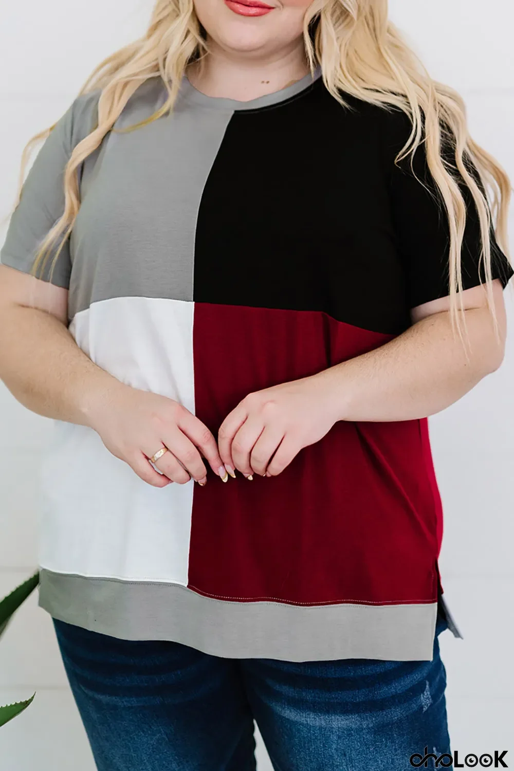 Red Wine Red Plus Size Crew Neck Colorblock T-shirt