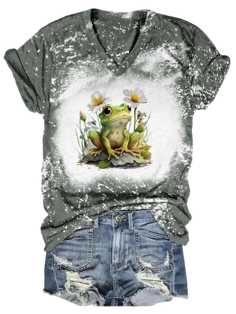 Flower Frog Summer Tie Dye V Neck T-Shirt